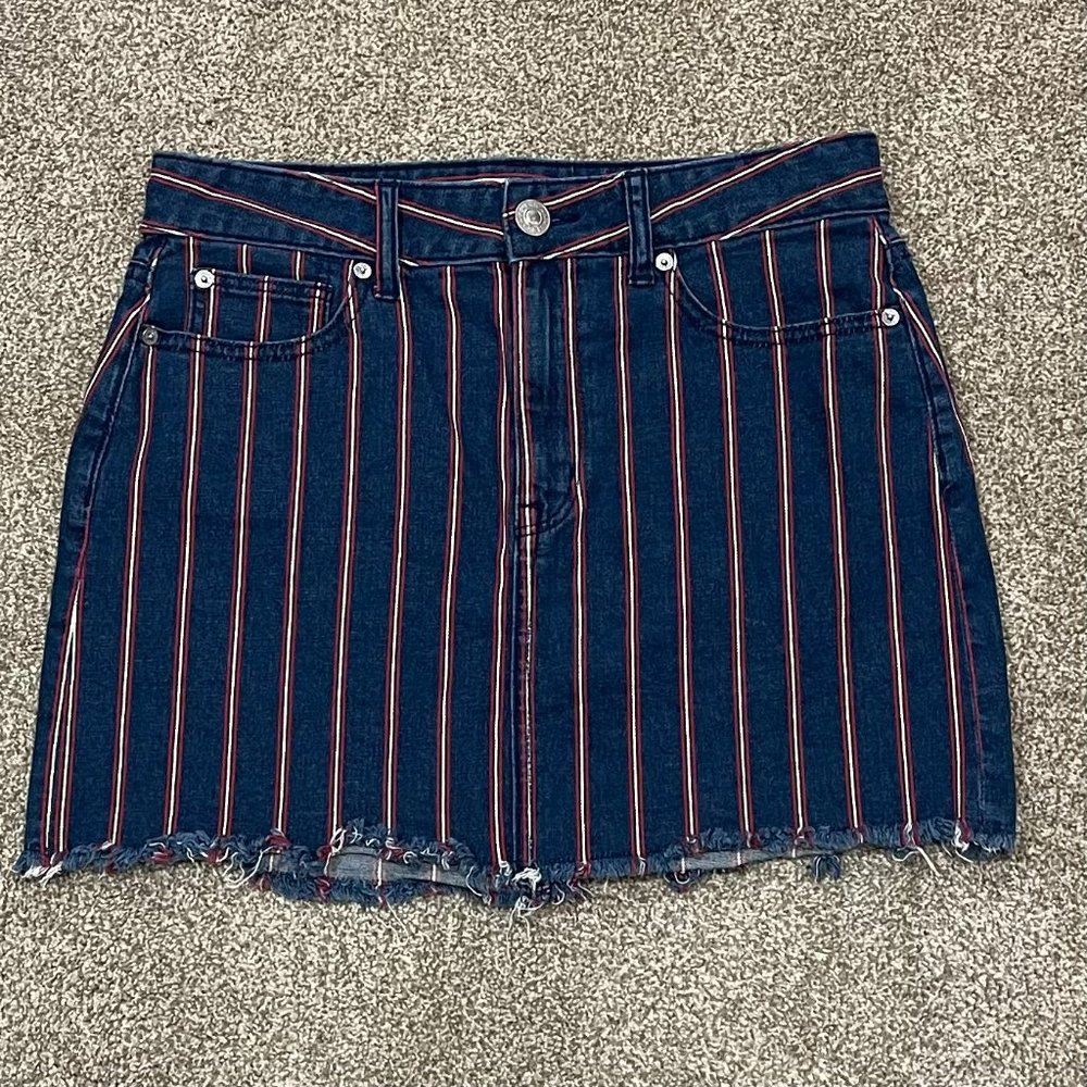 American Eagle Women's Red & White‎ Striped Frayed Hem Denim Skirt, Size 8